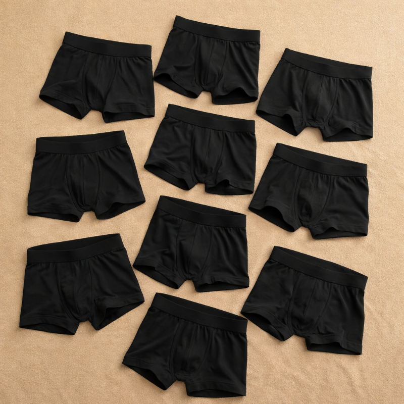 Multiple pairs of black boxer briefs arranged on a beige background