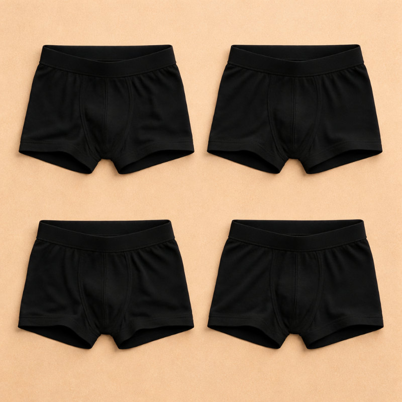 Four black shorts arranged in a grid on a beige background