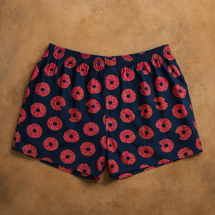 Navy shorts with red donut pattern on a brown background