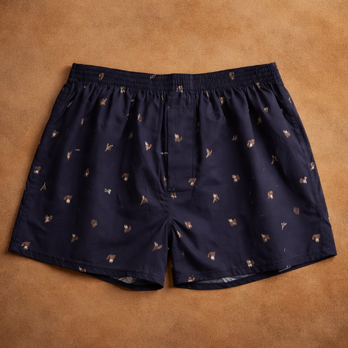 Navy blue boxer shorts with small patterns on a brown background