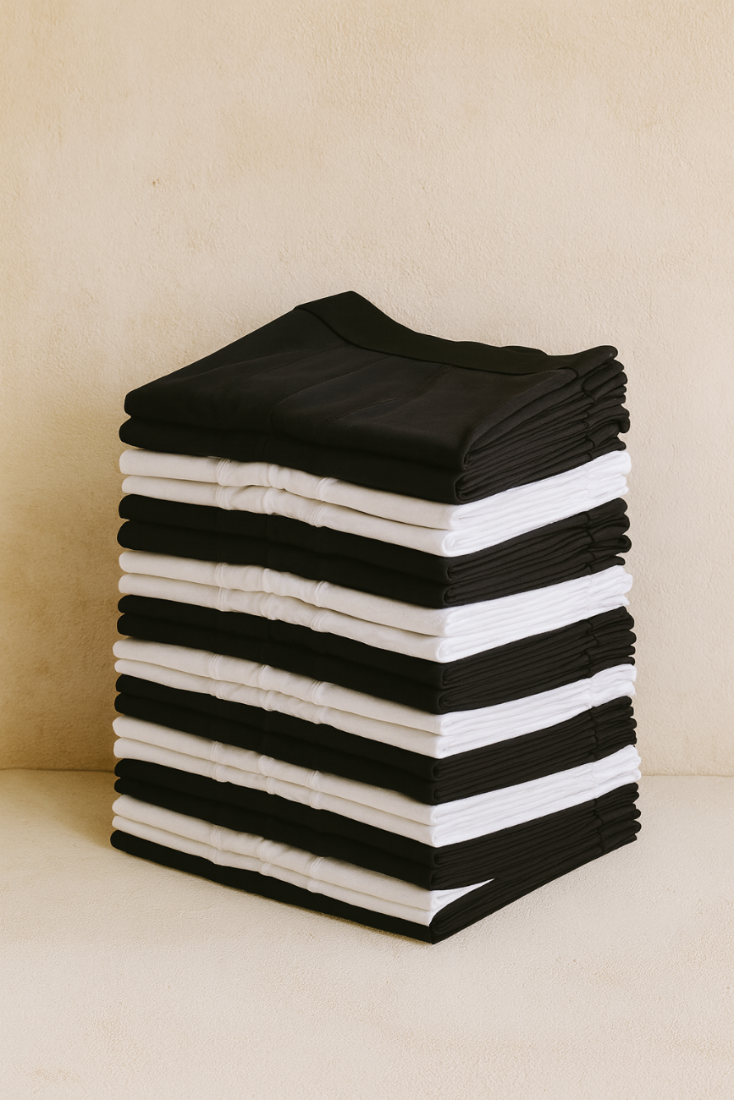 Stack of black and white shirts on a beige background