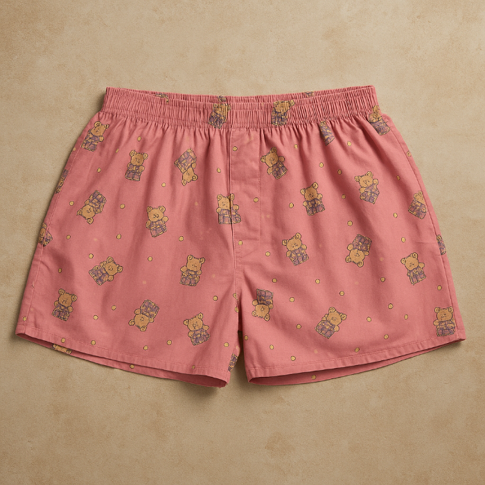 Pink boxer shorts with teddy bear pattern on a beige background