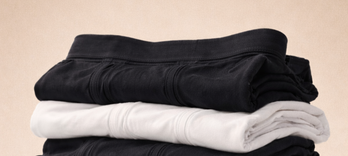 Stack of folded black and white clothing on a beige background