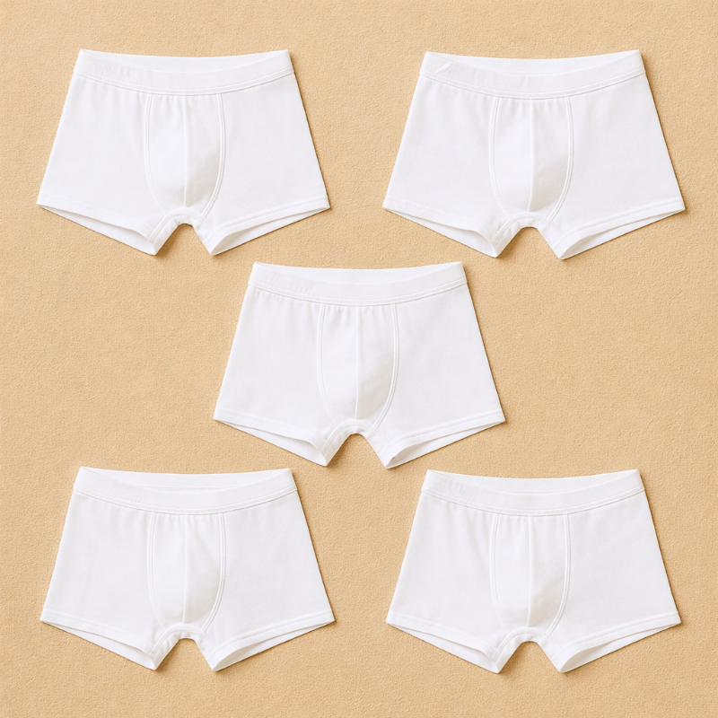 Set of six white boxer briefs on a beige background
