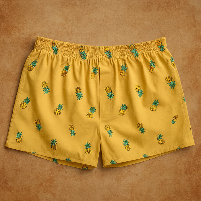 Yellow shorts with pineapple pattern on a brown background